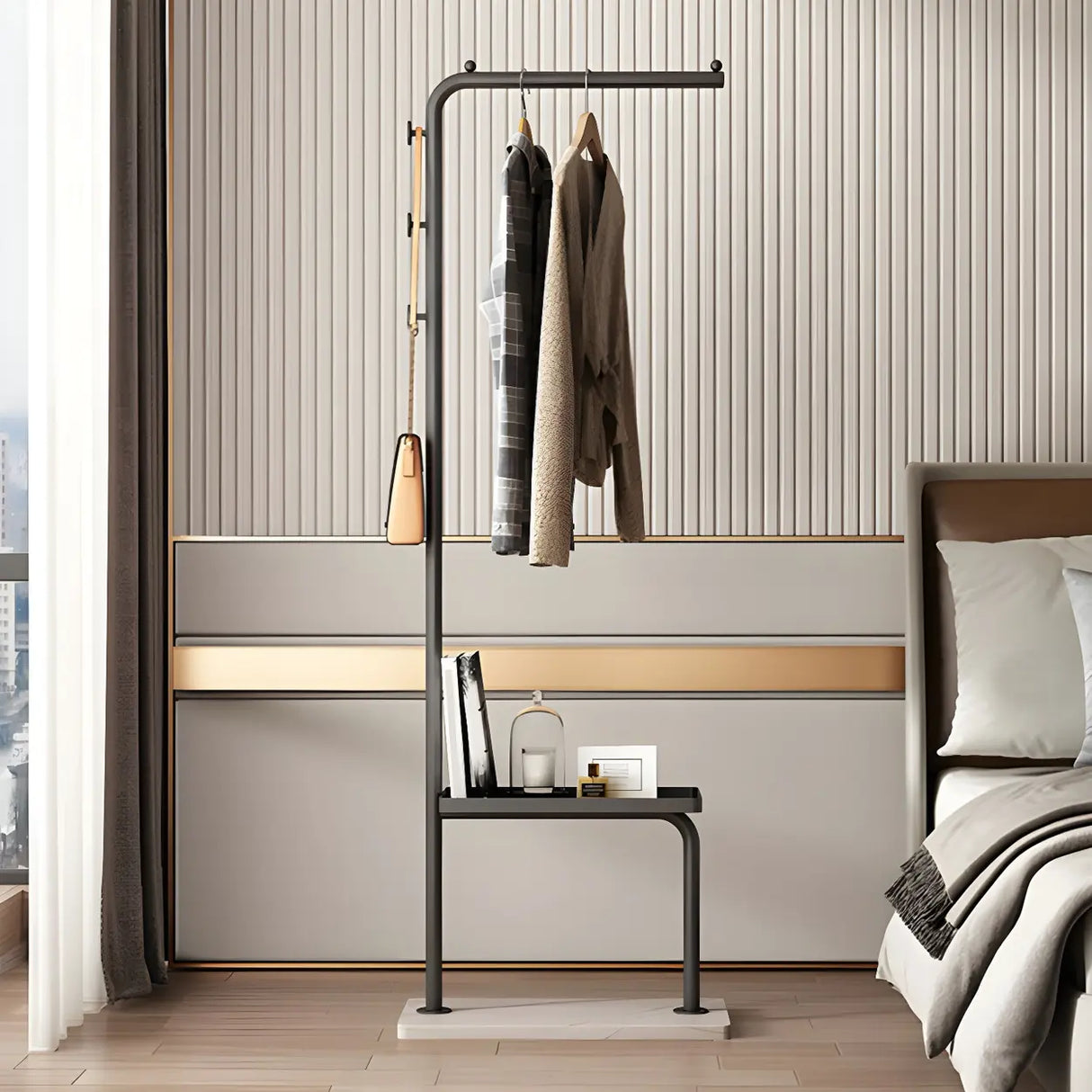 Minimal Metal Black Garment Coat Rack with Shelves and Hooks Image - 1