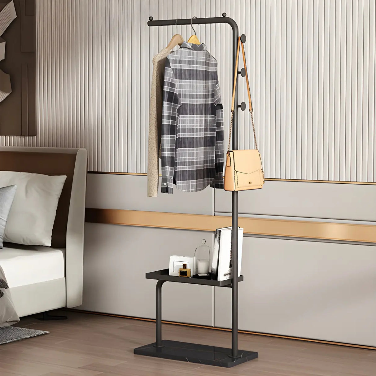 Minimal Metal Black Garment Coat Rack with Shelves and Hooks Image - 2