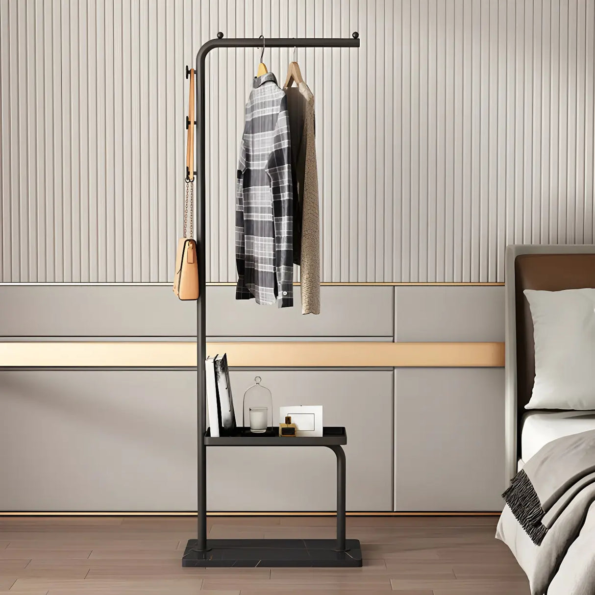 Minimal Metal Black Garment Coat Rack with Shelves and Hooks Image - 3