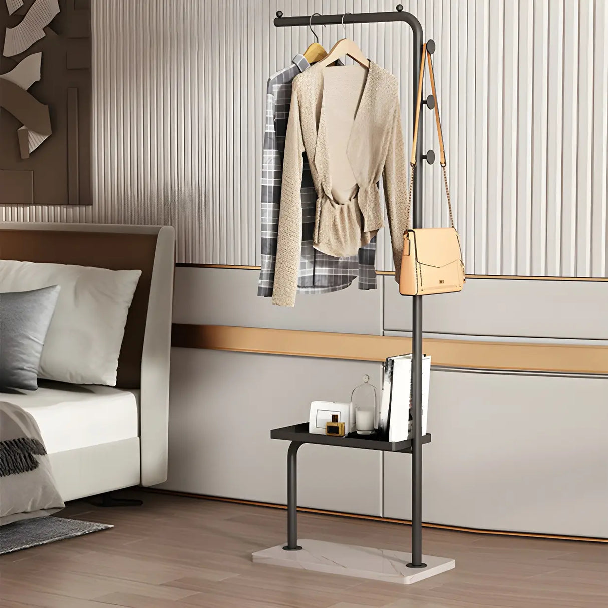 Minimal Metal Black Garment Coat Rack with Shelves and Hooks Image - 4