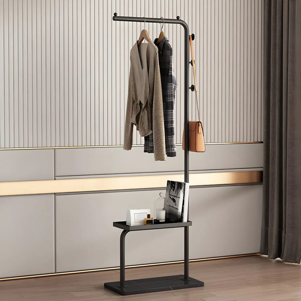 Minimal Metal Black Garment Coat Rack with Shelves and Hooks Image - 5