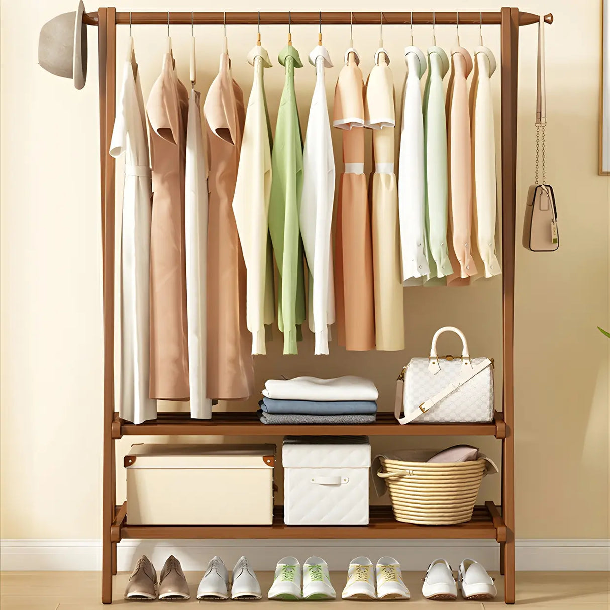 Minimalist Bamboo Brown Storage Garment Rack with Shelves Image - 1
