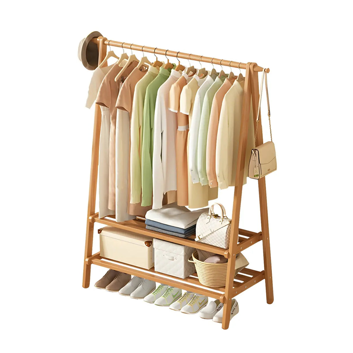 Minimalist Bamboo Brown Storage Garment Rack with Shelves Image - 10
