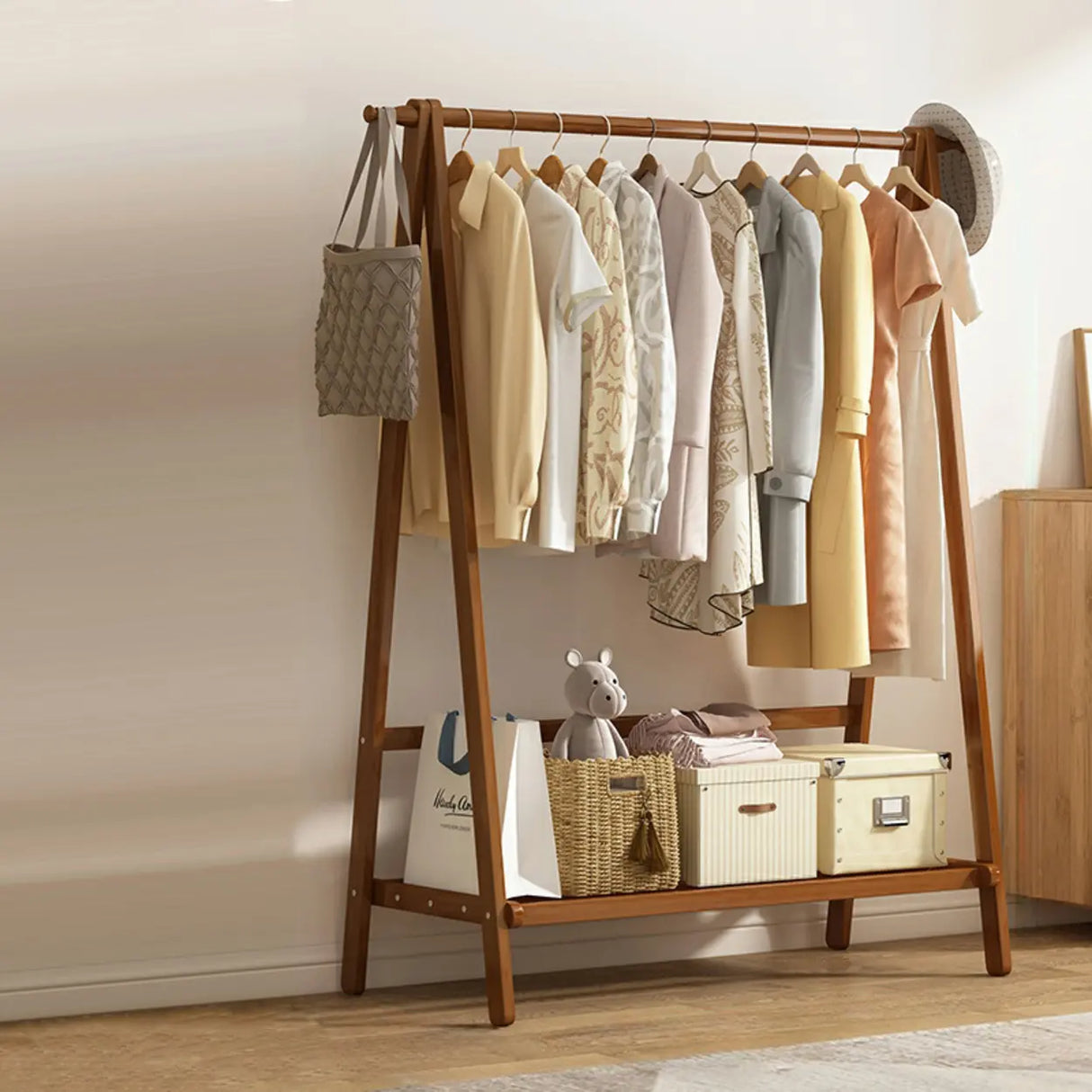 Minimalist Bamboo Brown Storage Garment Rack with Shelves Image - 11