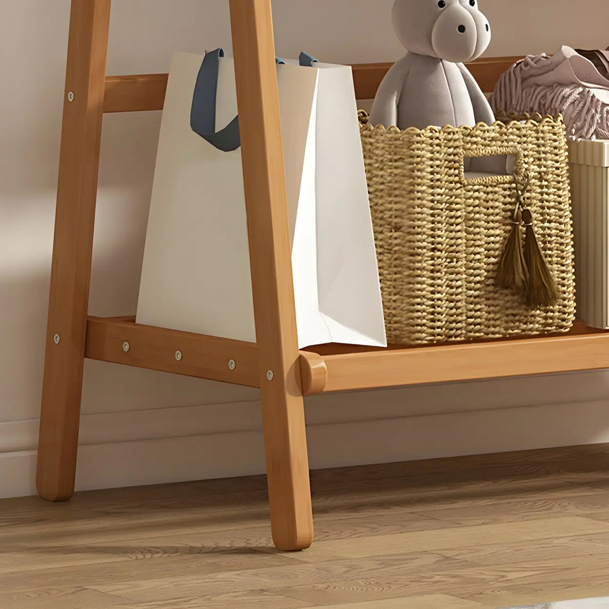 Minimalist Bamboo Brown Storage Garment Rack with Shelves Image - 12