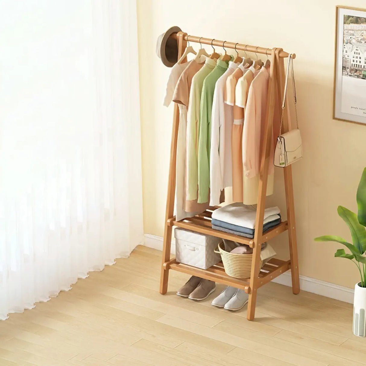 Minimalist Bamboo Brown Storage Garment Rack with Shelves Image - 13