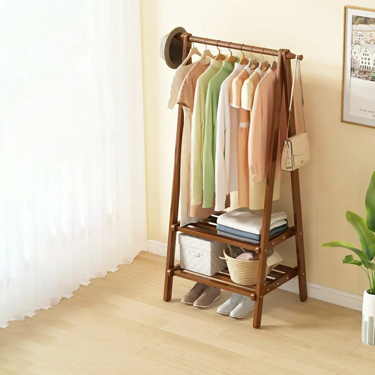 Minimalist Bamboo Brown Storage Garment Rack with Shelves Image - 16