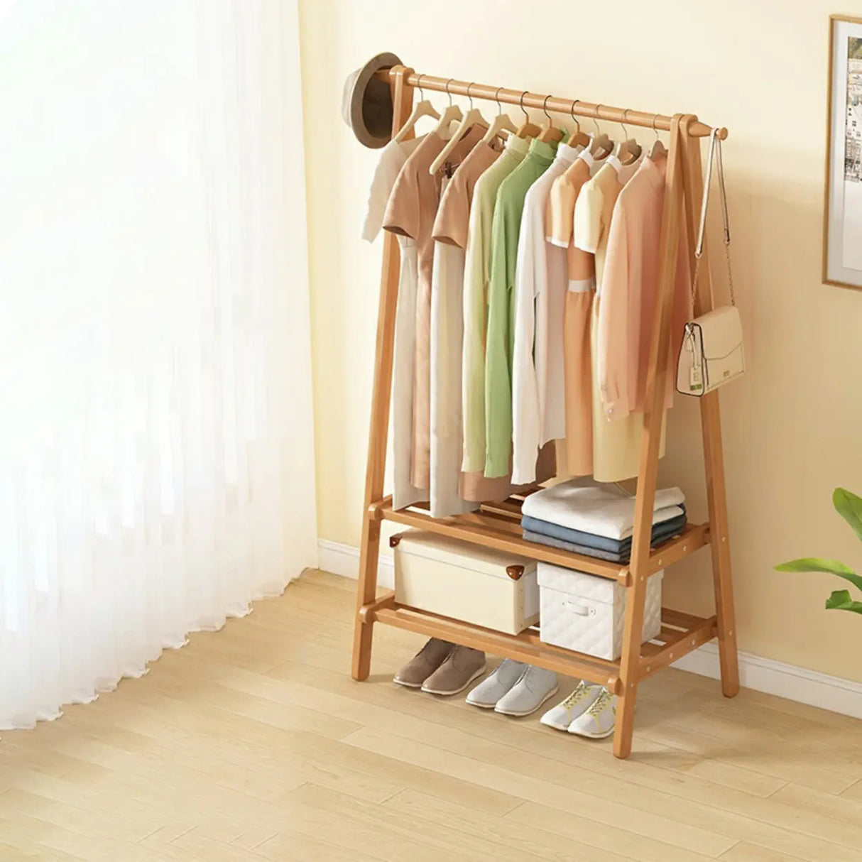 Minimalist Bamboo Brown Storage Garment Rack with Shelves Image - 17