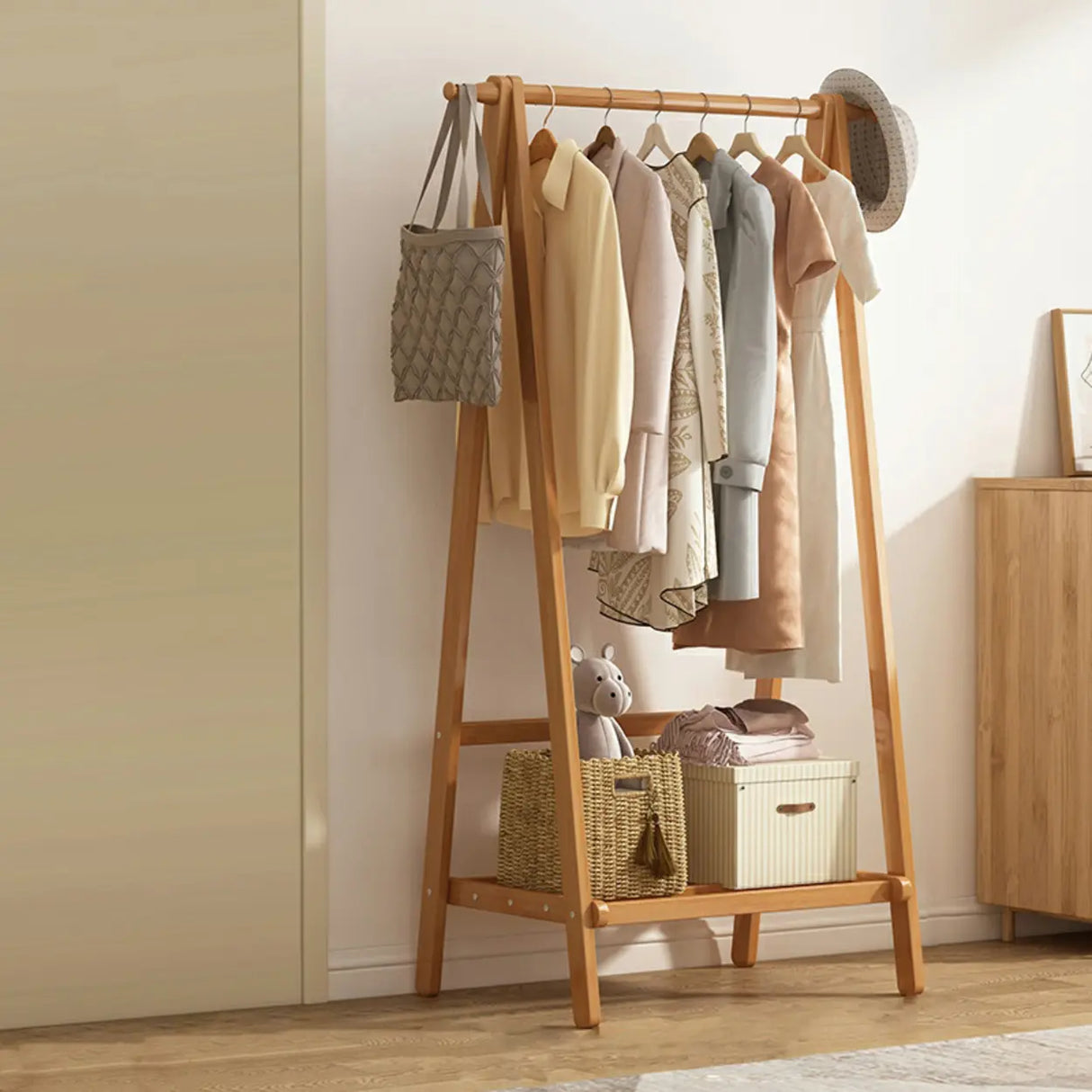 Minimalist Bamboo Brown Storage Garment Rack with Shelves Image - 2