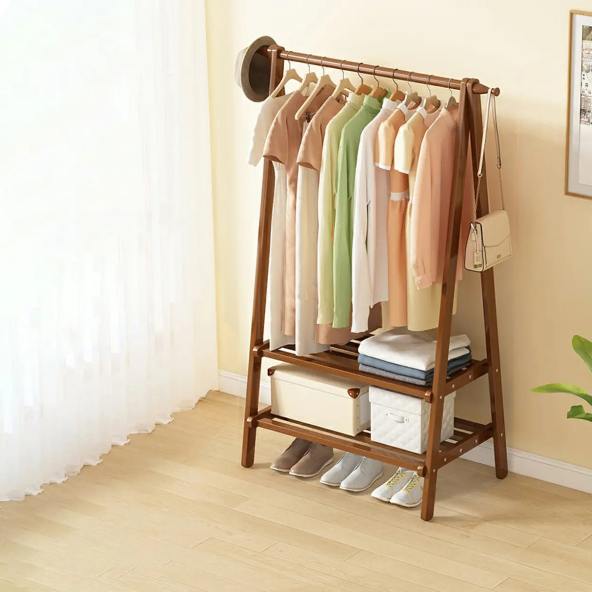 Minimalist Bamboo Brown Storage Garment Rack with Shelves Image - 20