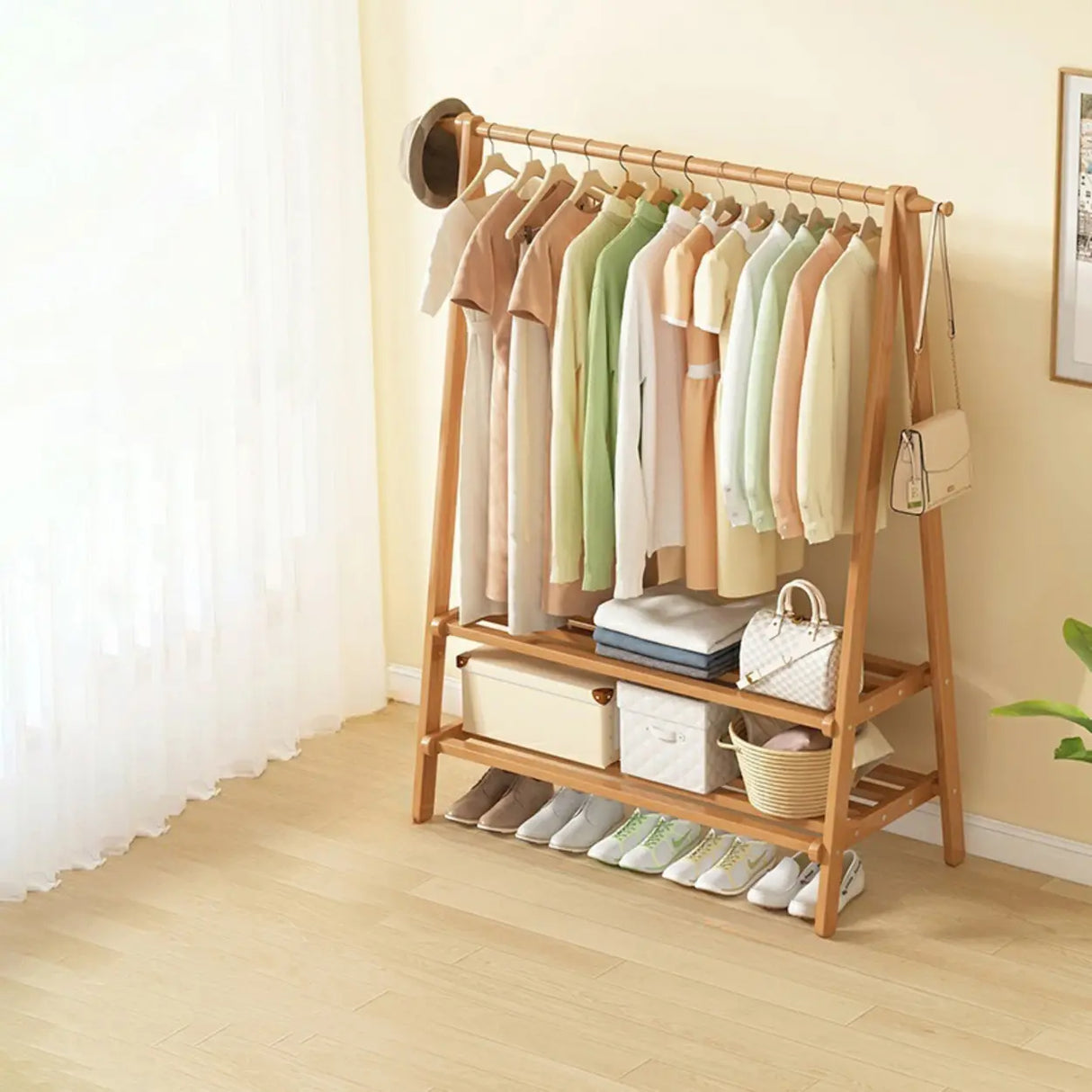 Minimalist Bamboo Brown Storage Garment Rack with Shelves Image - 21