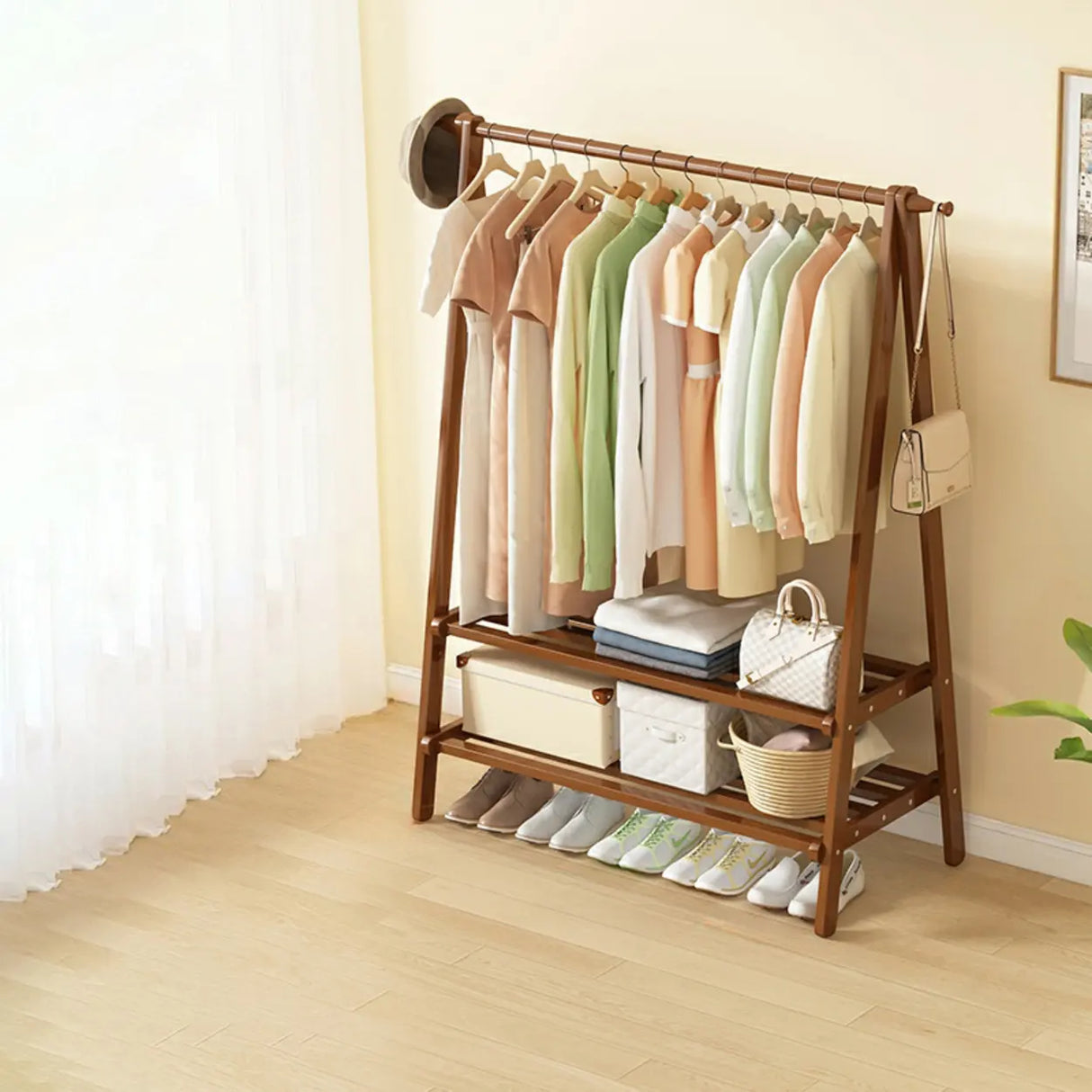 Minimalist Bamboo Brown Storage Garment Rack with Shelves Image - 23