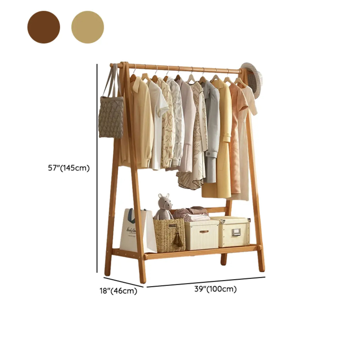 Minimalist Bamboo Brown Storage Garment Rack with Shelves Image - 26