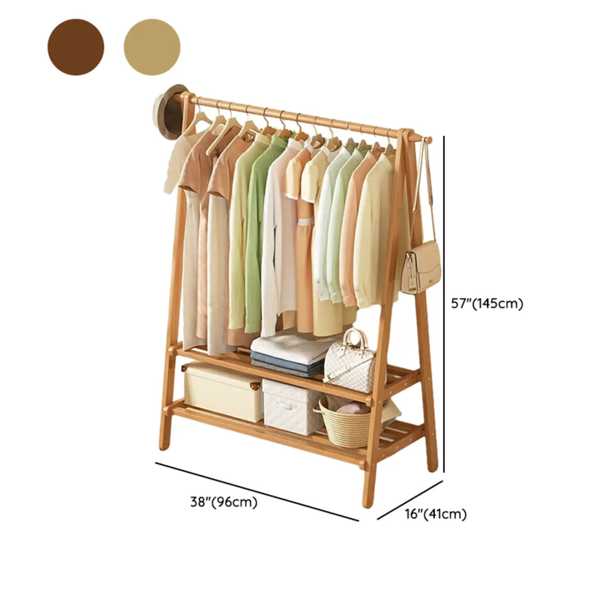 Minimalist Bamboo Brown Storage Garment Rack with Shelves Image - 29