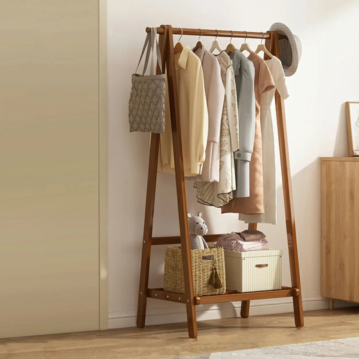 Minimalist Bamboo Brown Storage Garment Rack with Shelves Image - 3