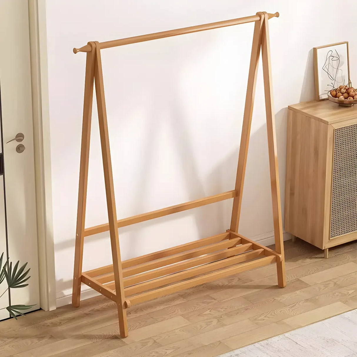 Minimalist Bamboo Brown Storage Garment Rack with Shelves Image - 4