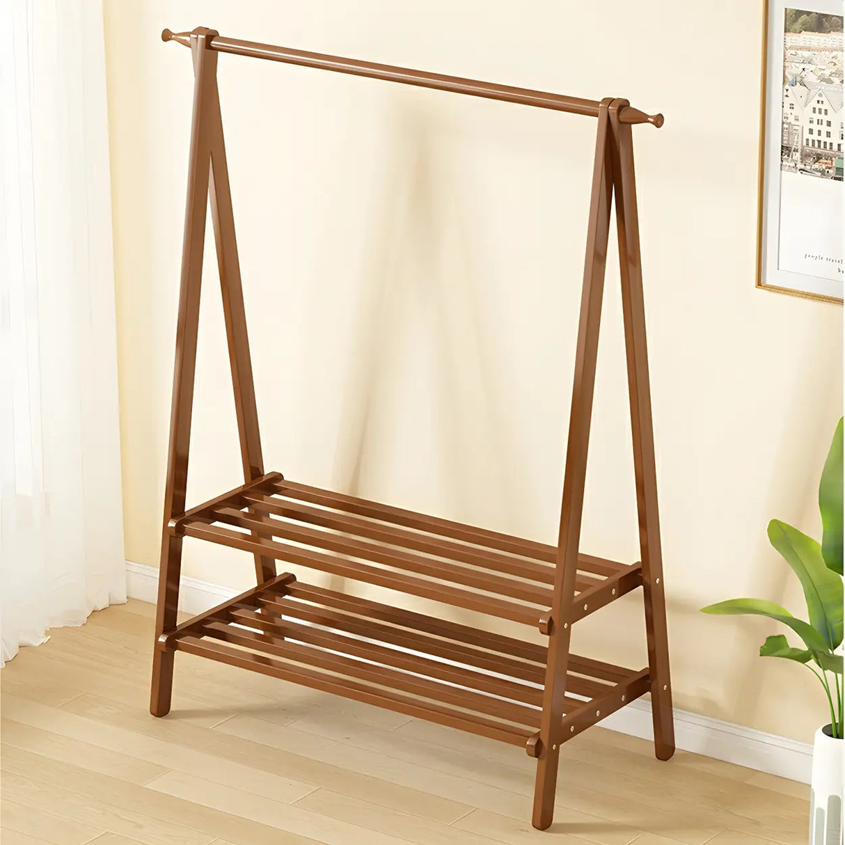 Minimalist Bamboo Brown Storage Garment Rack with Shelves Image - 5