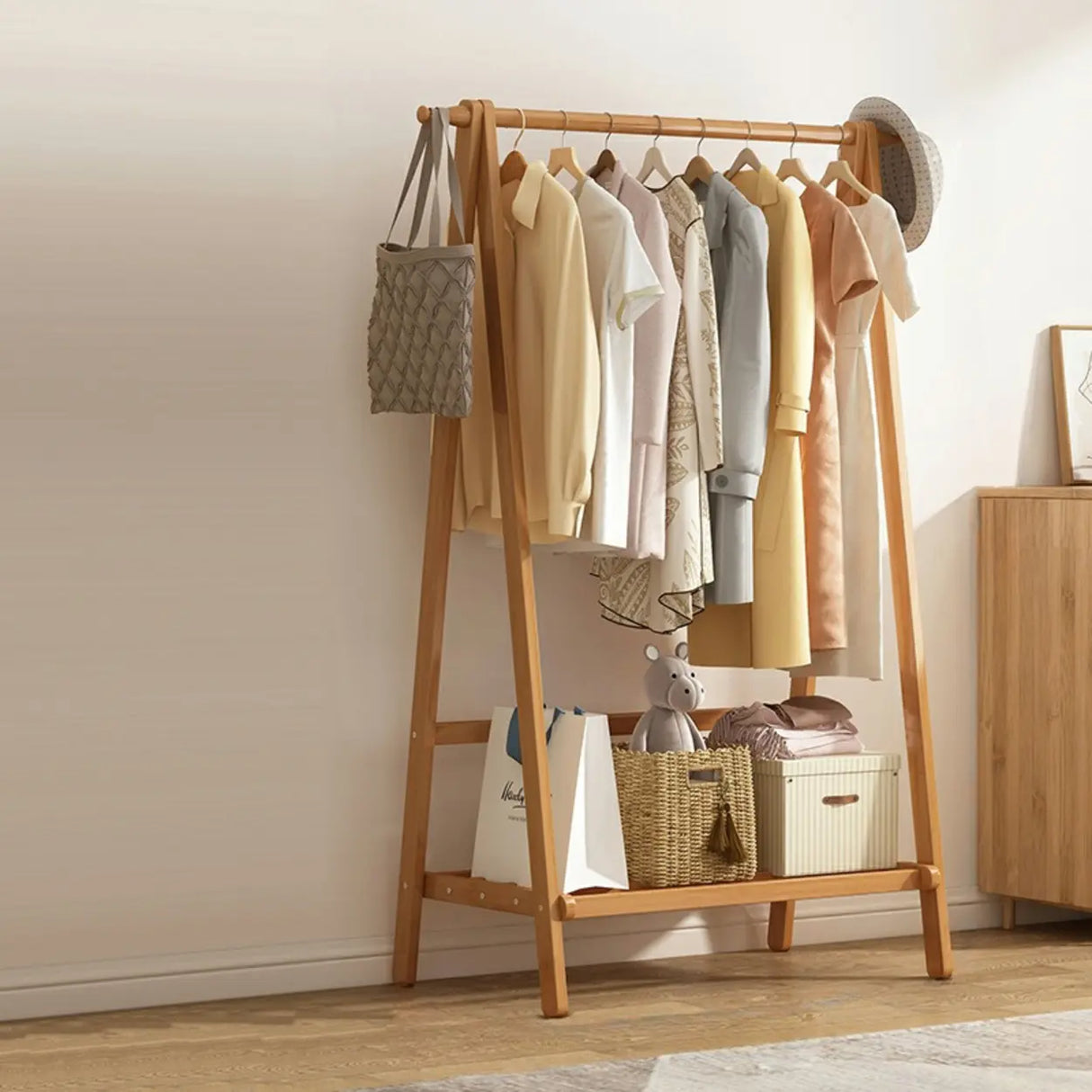 Minimalist Bamboo Brown Storage Garment Rack with Shelves Image - 6