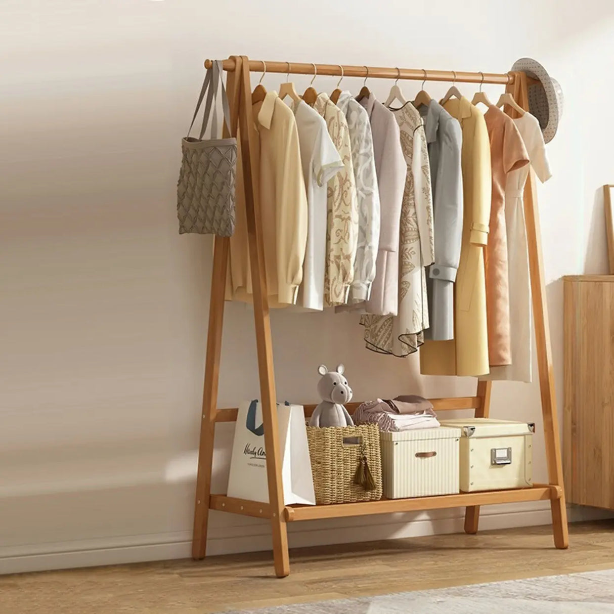 Minimalist Bamboo Brown Storage Garment Rack with Shelves Image - 9