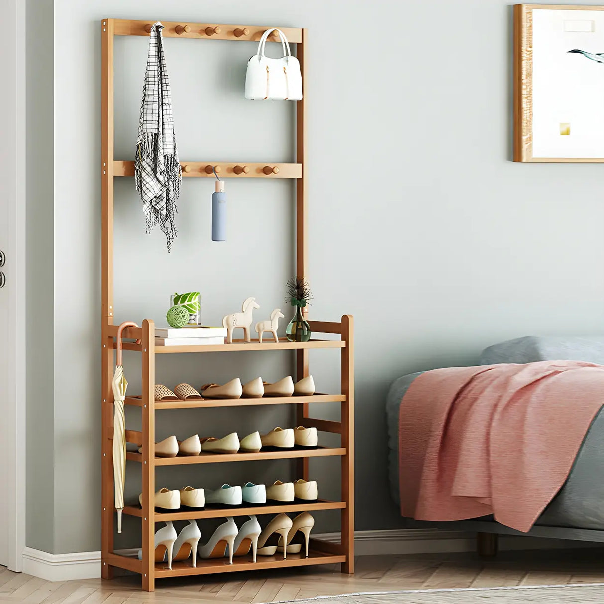 Minimalist Bamboo Garment Coat Rack with Shelves and Hooks Image - 10