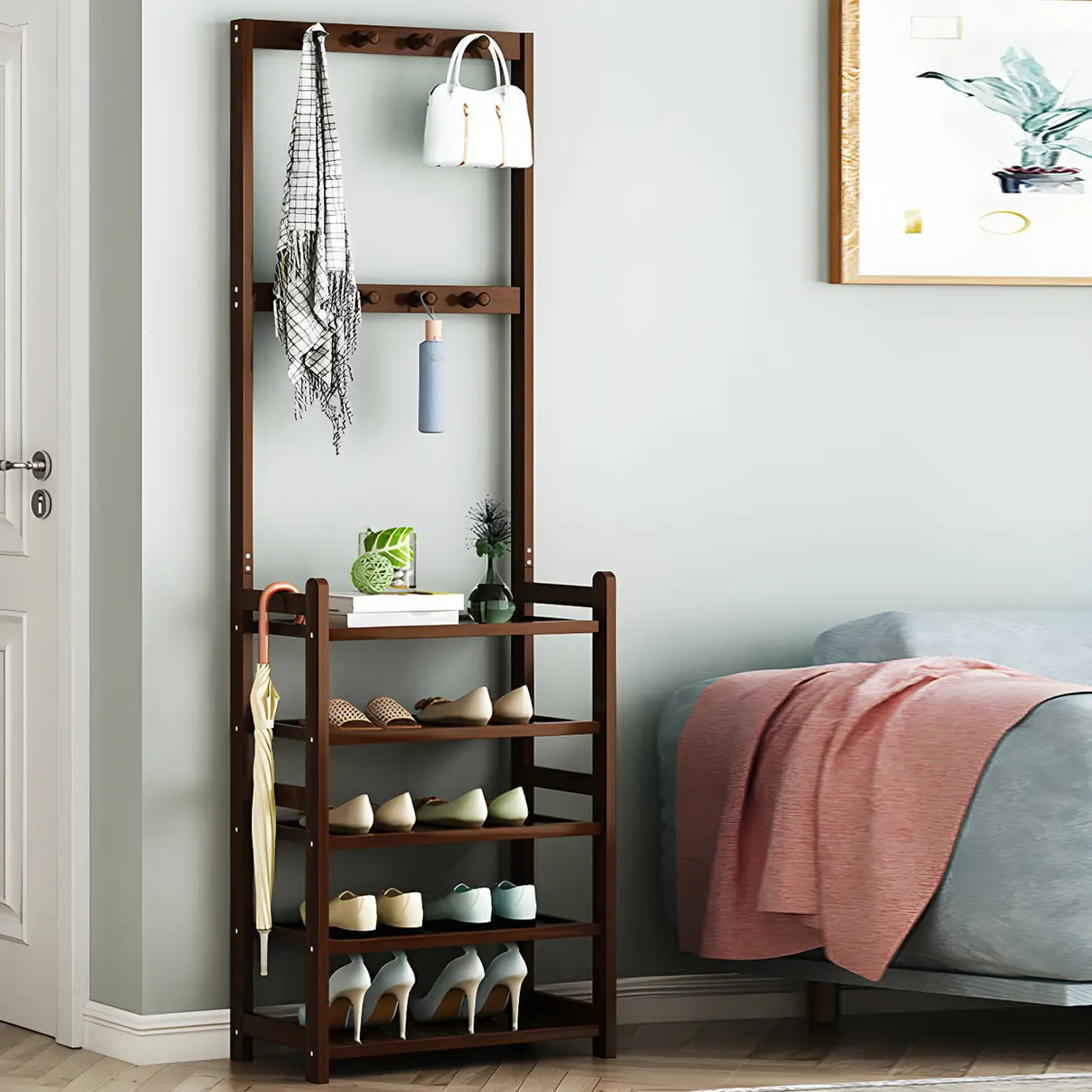 Minimalist Bamboo Garment Coat Rack with Shelves and Hooks Image - 11