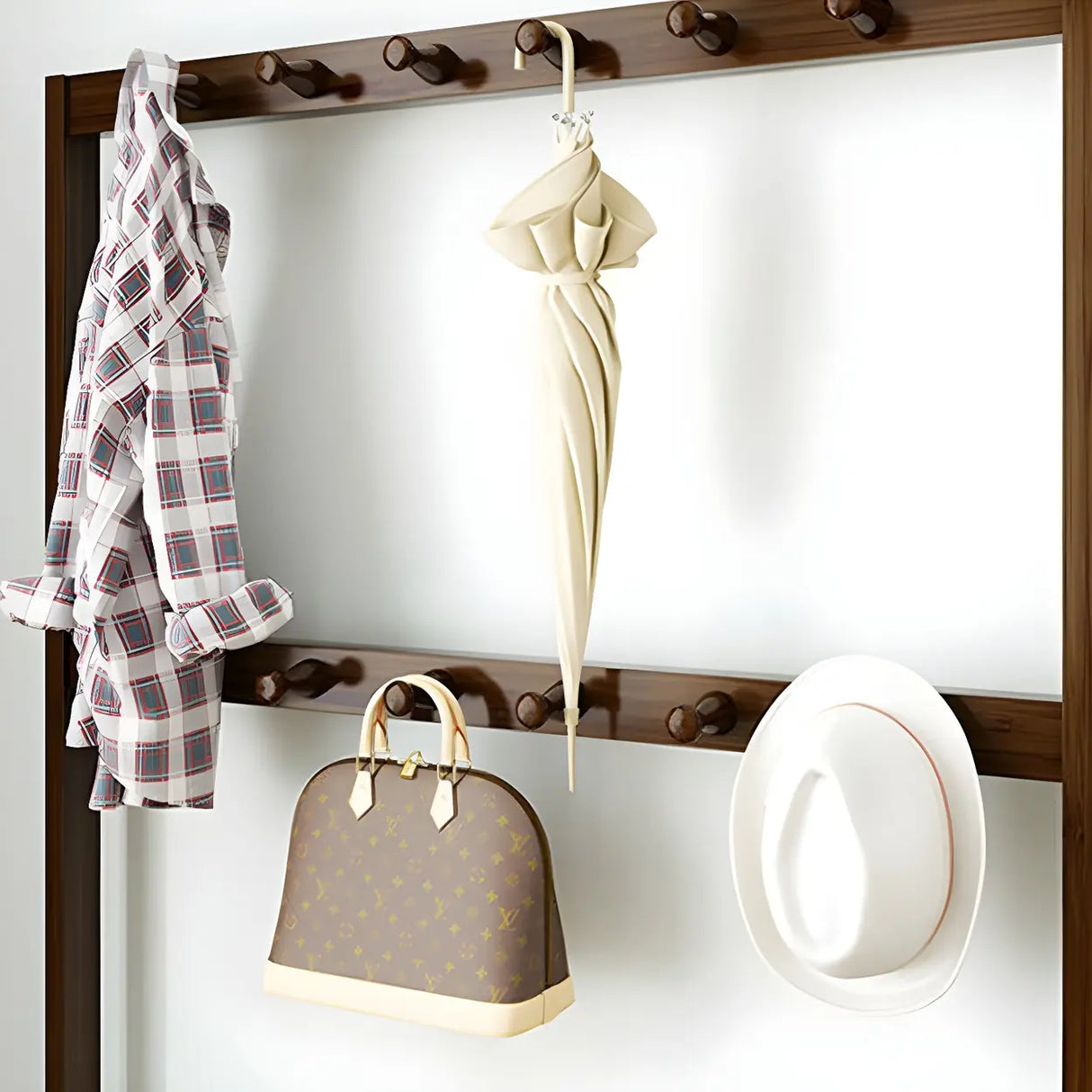 Minimalist Bamboo Garment Coat Rack with Shelves and Hooks Image - 12