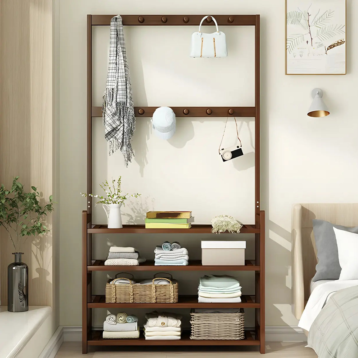 Minimalist Bamboo Garment Coat Rack with Shelves and Hooks Image - 13