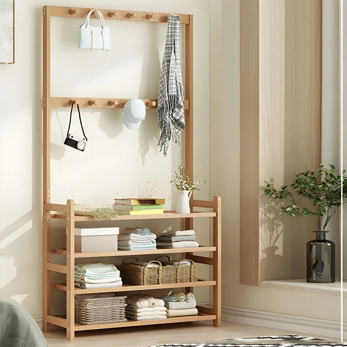 Minimalist Bamboo Garment Coat Rack with Shelves and Hooks Image - 15