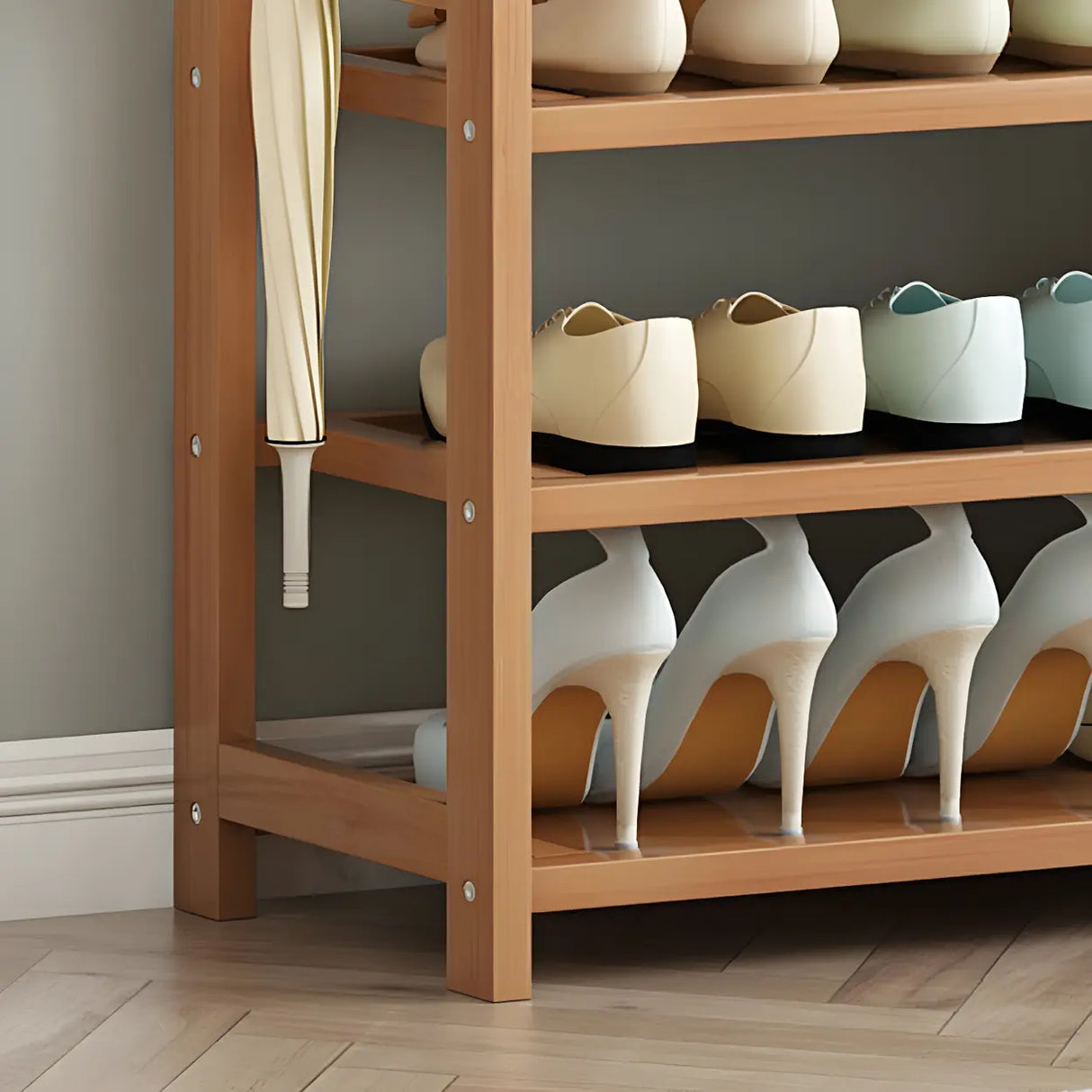 Minimalist Bamboo Garment Coat Rack with Shelves and Hooks Image - 16