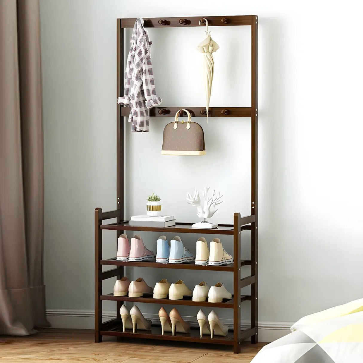 Minimalist Bamboo Garment Coat Rack with Shelves and Hooks Image - 17
