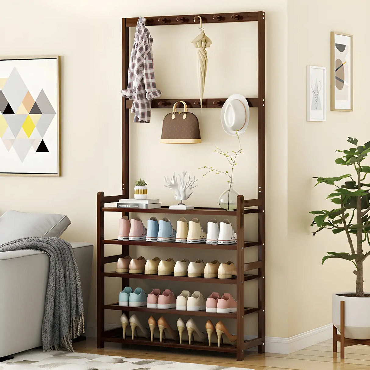 Minimalist Bamboo Garment Coat Rack with Shelves and Hooks Image - 19