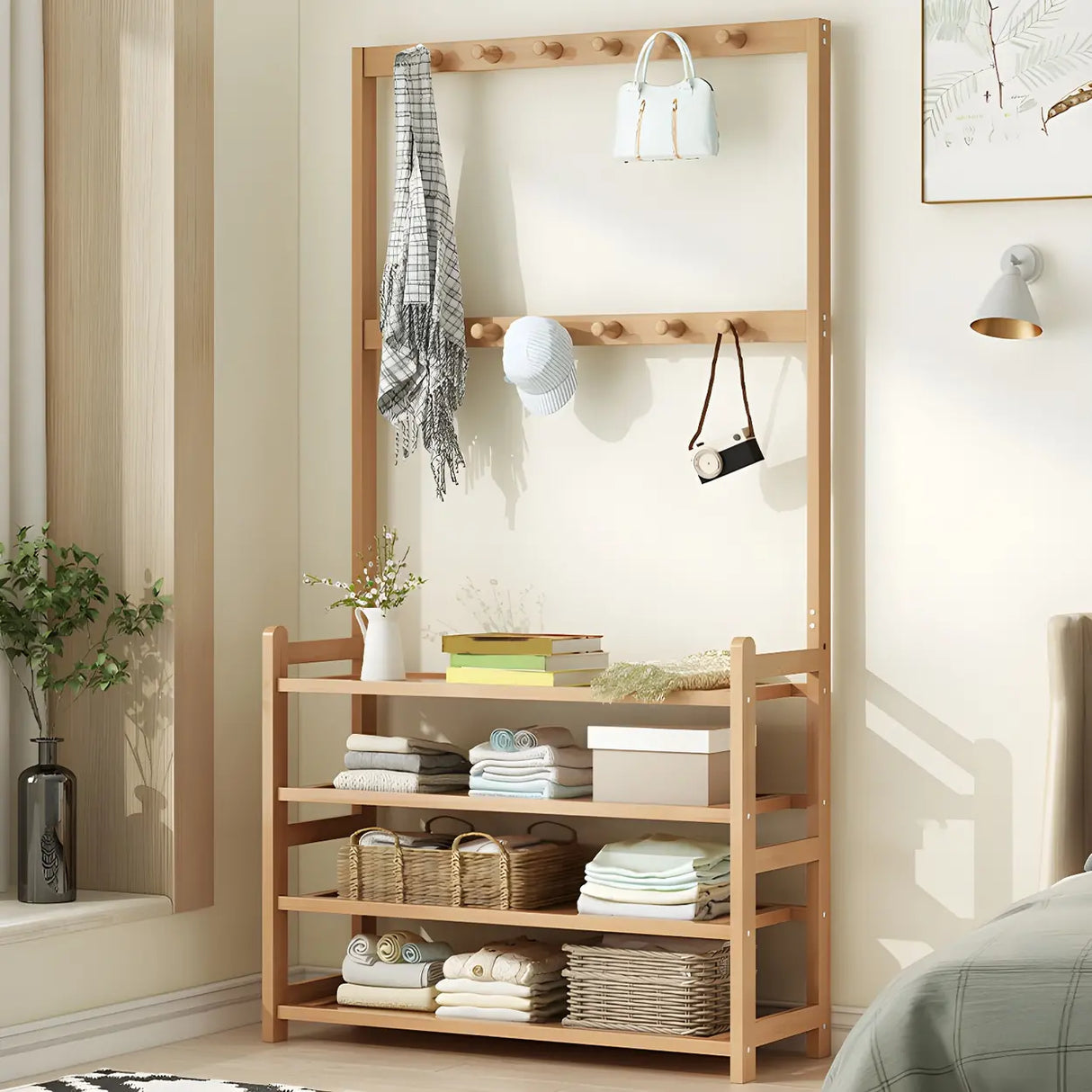 Minimalist Bamboo Garment Coat Rack with Shelves and Hooks Image - 1