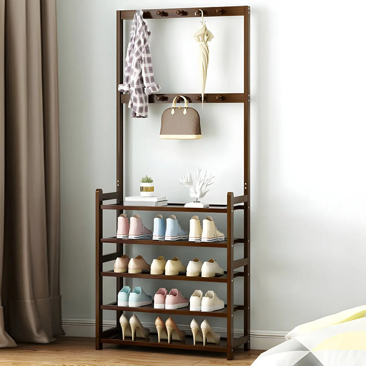 Minimalist Bamboo Garment Coat Rack with Shelves and Hooks Image - 2