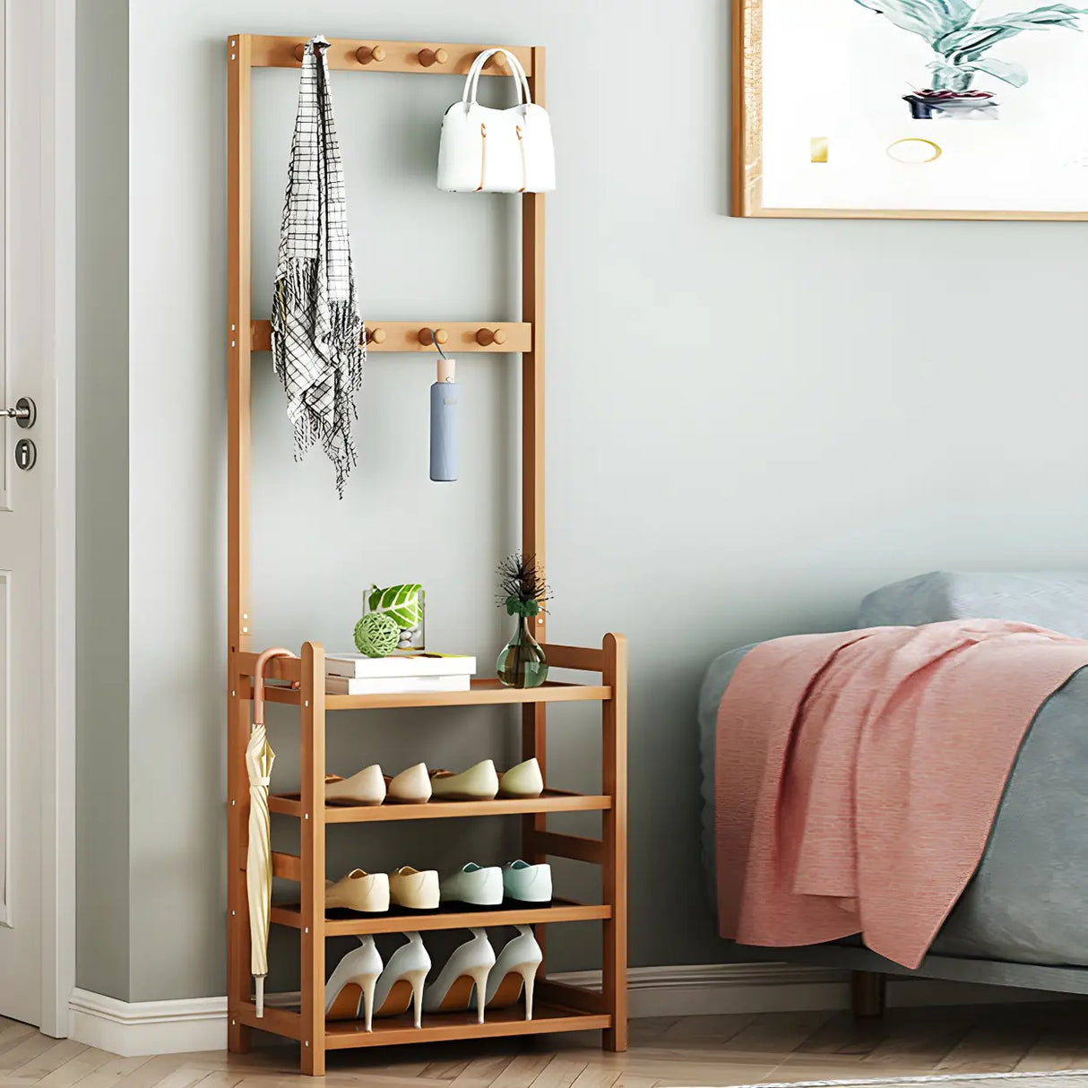 Minimalist Bamboo Garment Coat Rack with Shelves and Hooks Image - 3