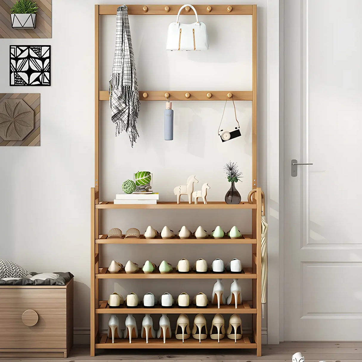Minimalist Bamboo Garment Coat Rack with Shelves and Hooks Image - 22