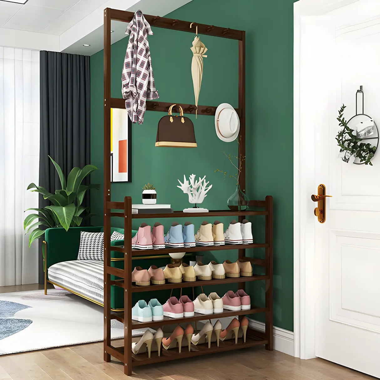 Minimalist Bamboo Garment Coat Rack with Shelves and Hooks Image - 4