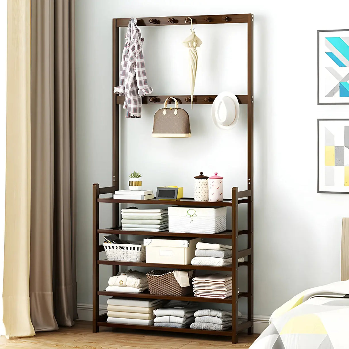 Minimalist Bamboo Garment Coat Rack with Shelves and Hooks Image - 5