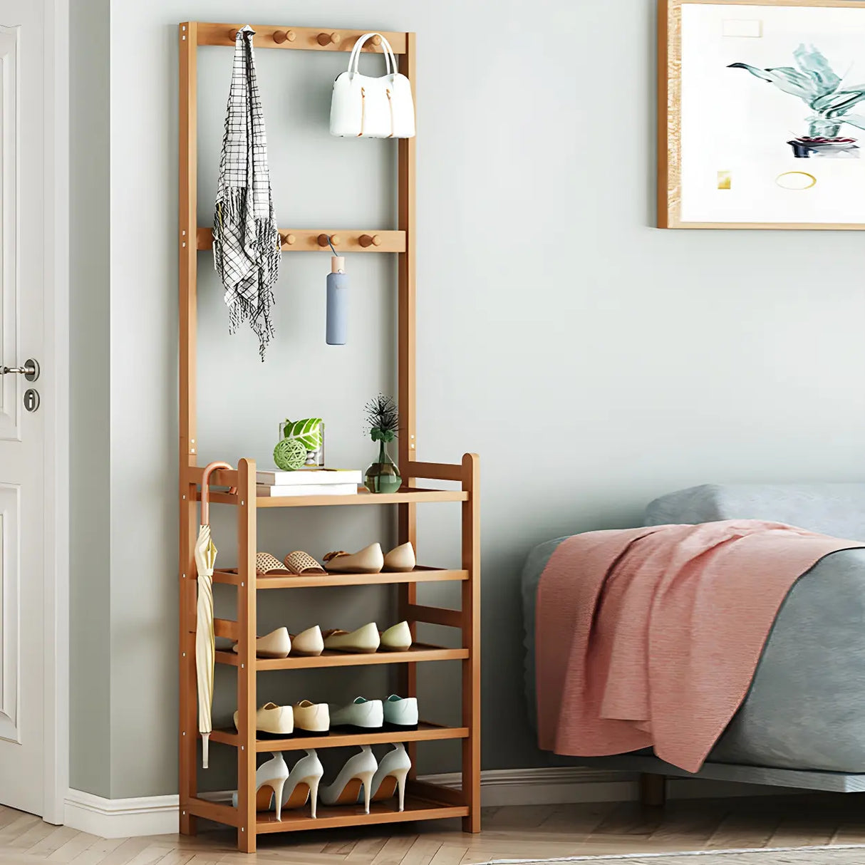 Minimalist Bamboo Garment Coat Rack with Shelves and Hooks Image - 23