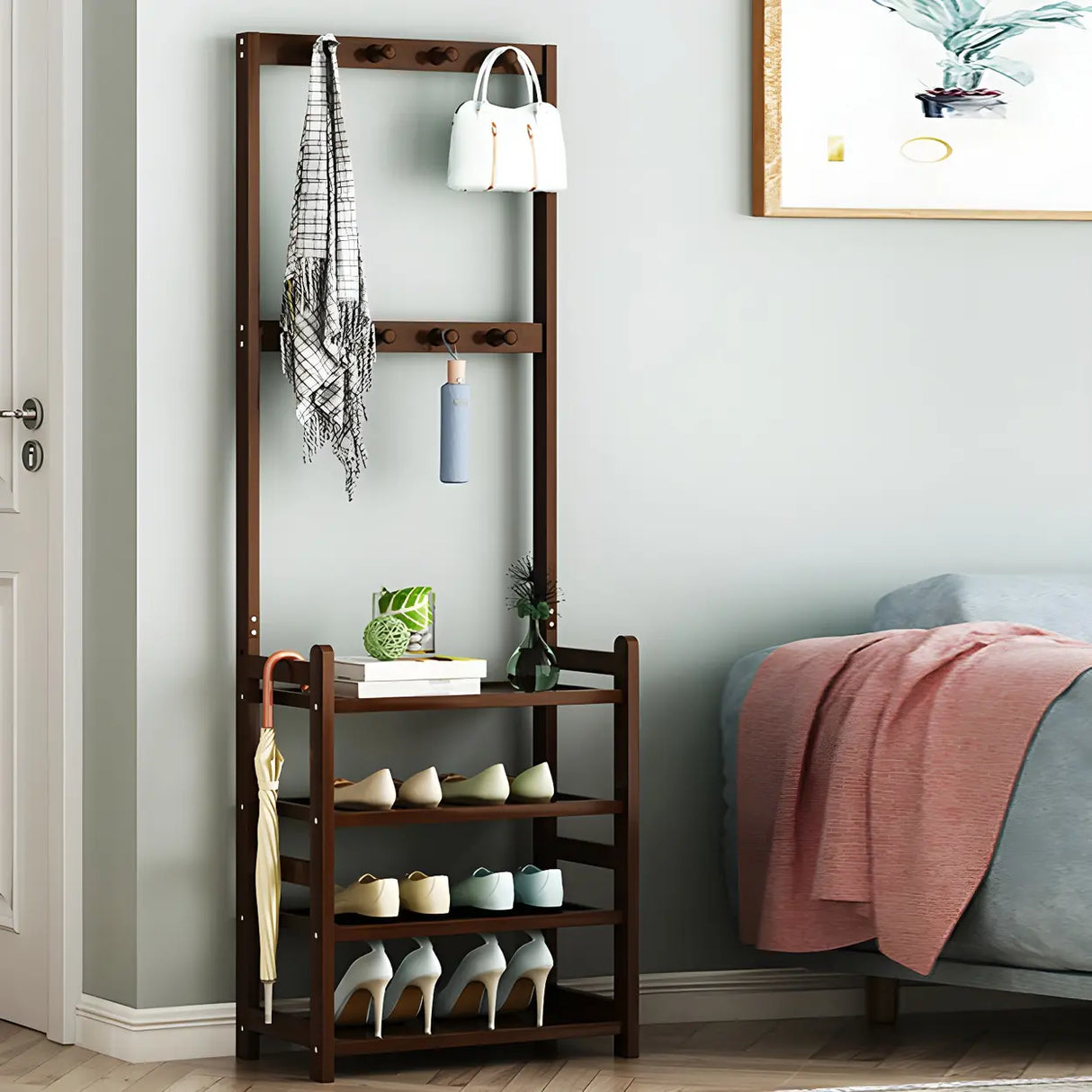 Minimalist Bamboo Garment Coat Rack with Shelves and Hooks Image - 6