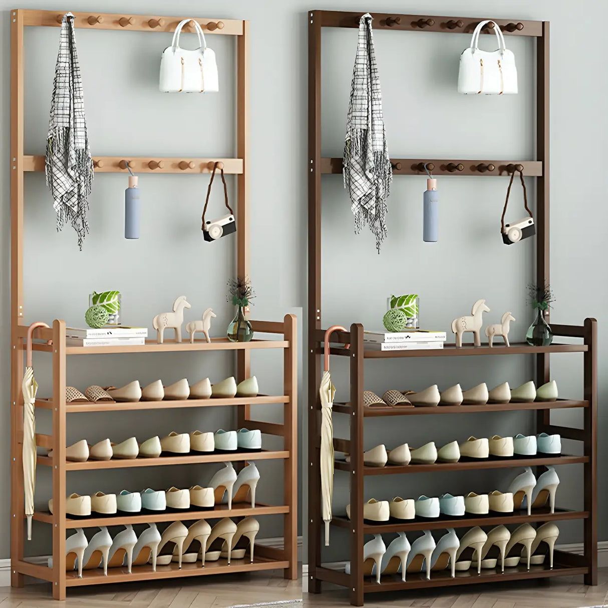 Minimalist Bamboo Garment Coat Rack with Shelves and Hooks Image - 24