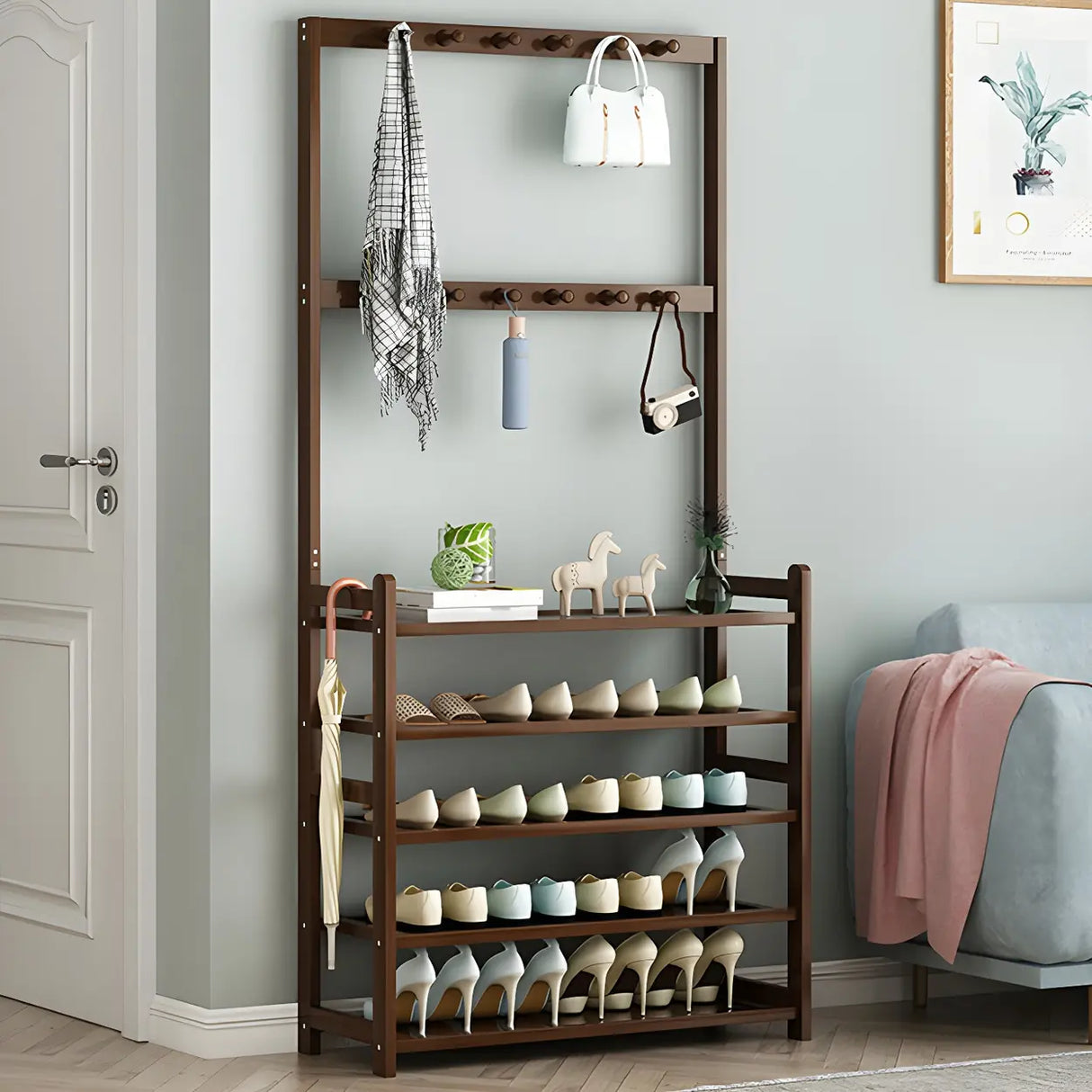 Minimalist Bamboo Garment Coat Rack with Shelves and Hooks Image - 7