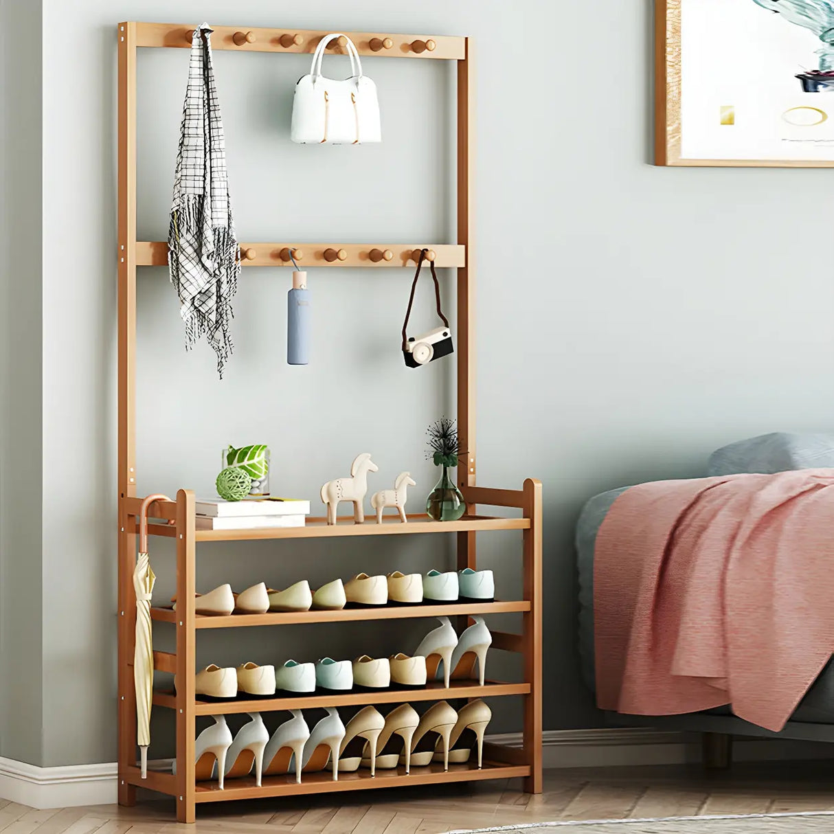 Minimalist Bamboo Garment Coat Rack with Shelves and Hooks Image - 25
