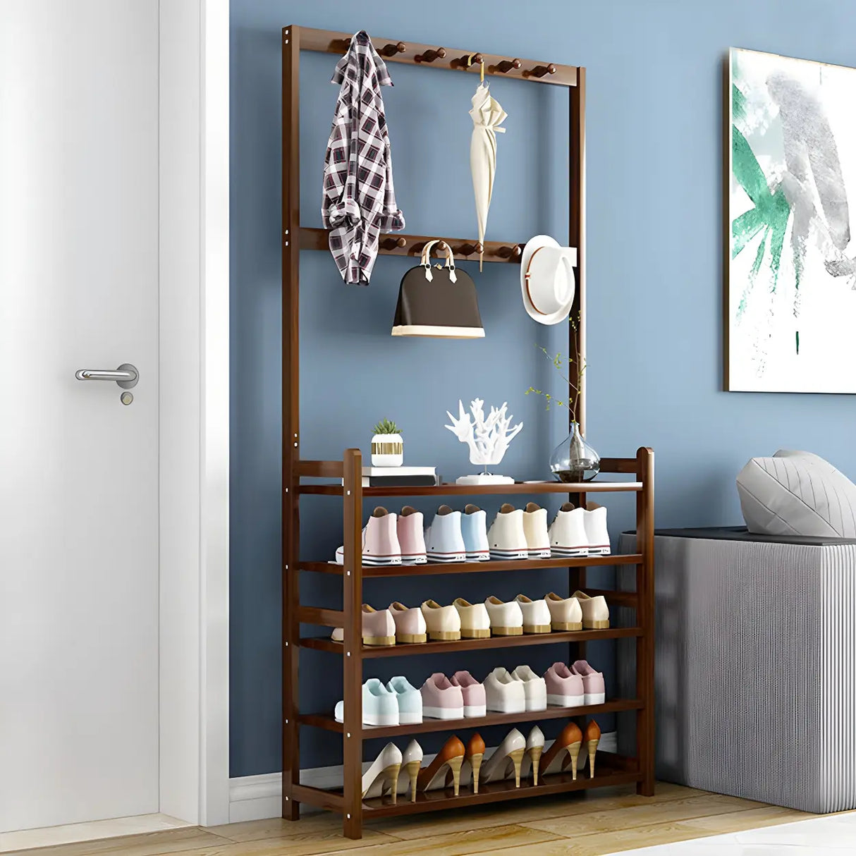Minimalist Bamboo Garment Coat Rack with Shelves and Hooks Image - 26