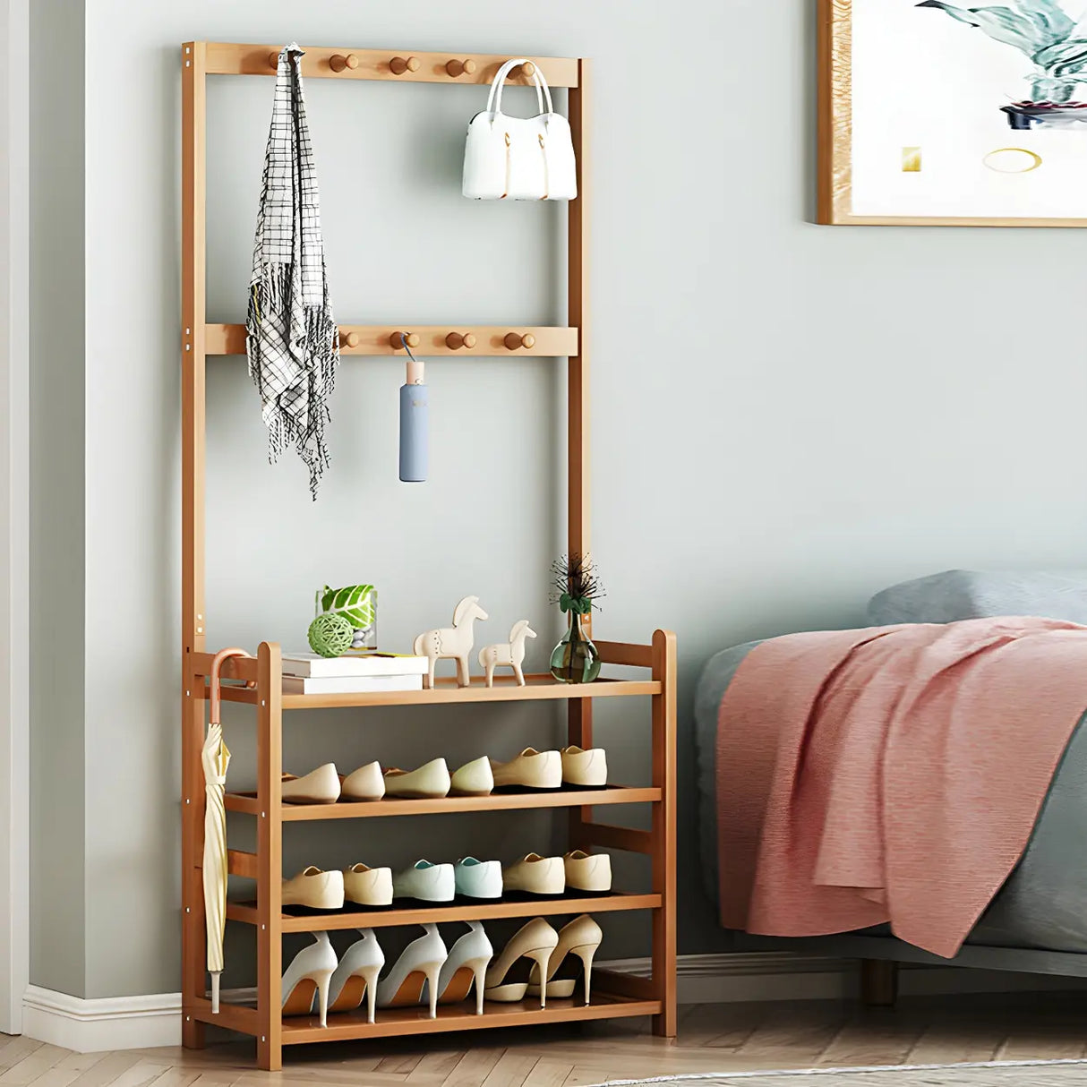 Minimalist Bamboo Garment Coat Rack with Shelves and Hooks Image - 8
