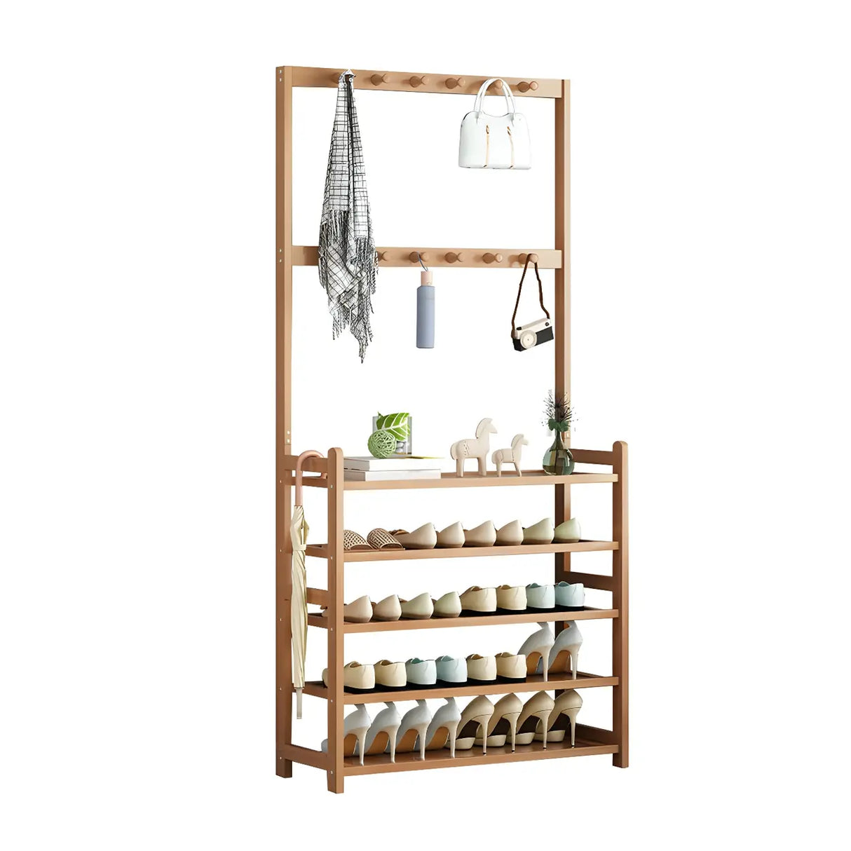 Minimalist Bamboo Garment Coat Rack with Shelves and Hooks Image - 9