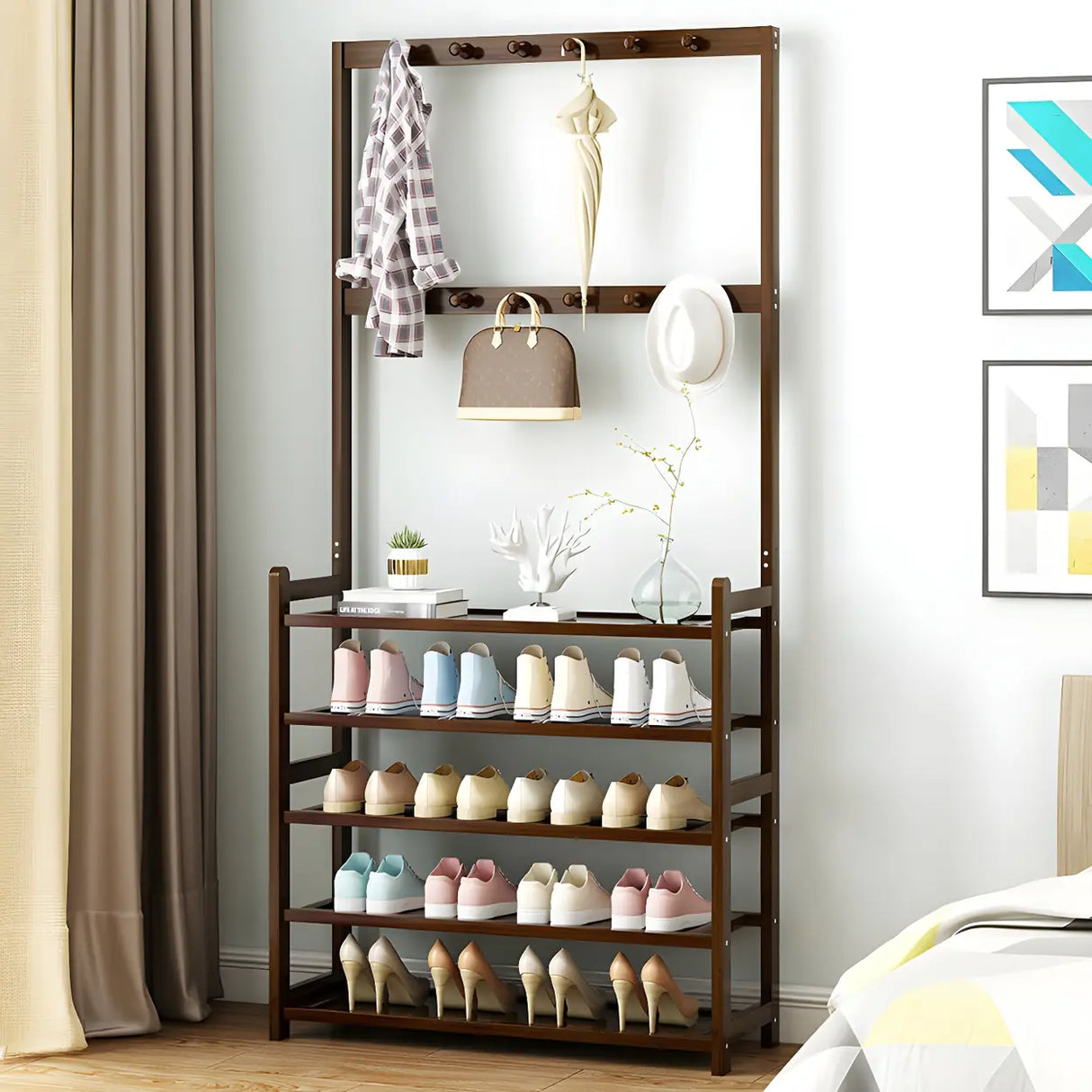 Minimalist Bamboo Garment Coat Rack with Shelves and Hooks Image - 27