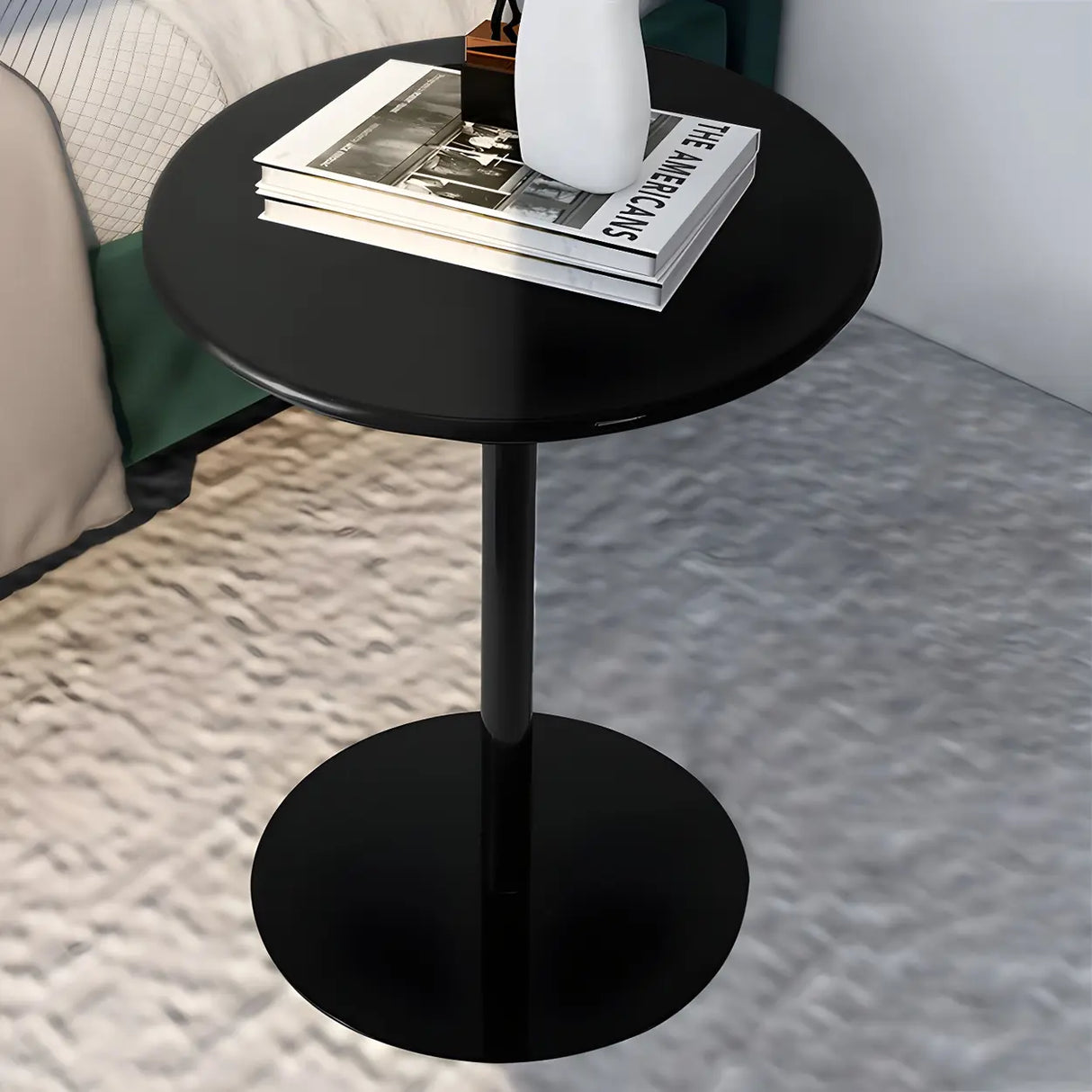 Minimalist Black Finish Round Metal Pedestal Side Table Image - 1