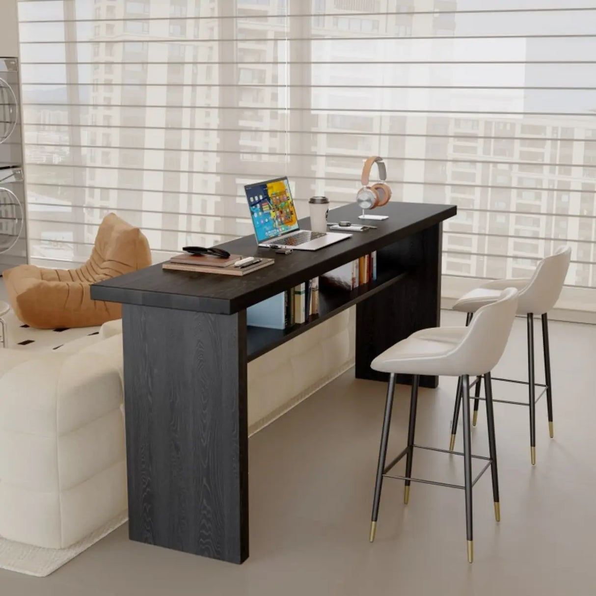 Minimalist Black Rectangular Wood Bar Table with Shelf Image - 4