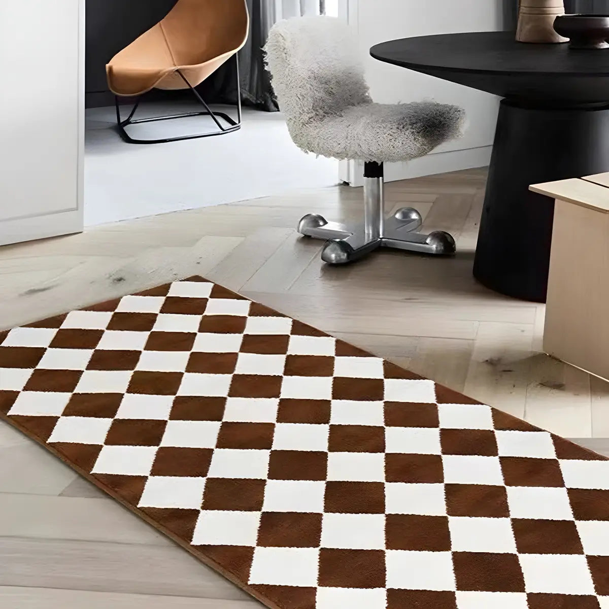 Minimalist Checkered Polyester Non-Slip Brown Area Rug Image - 1