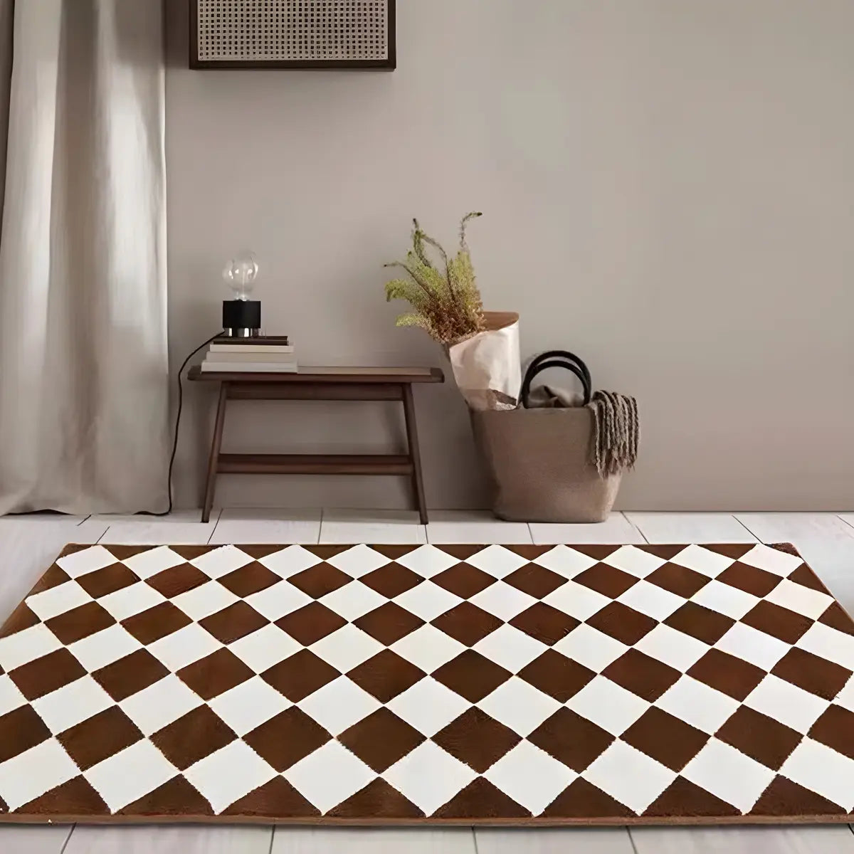Minimalist Checkered Polyester Non-Slip Brown Area Rug Image - 4